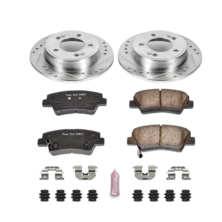 Power Stop K6501 Z23 Carbon Fiber Brake Pads Rear with Drilled & Slotted Brake Rotors Kit For Hyundai Elantra, Hyundai Elantra Coupe, Hyundai Velos, Hyundai Venue, Kia Soul [Model Specific]