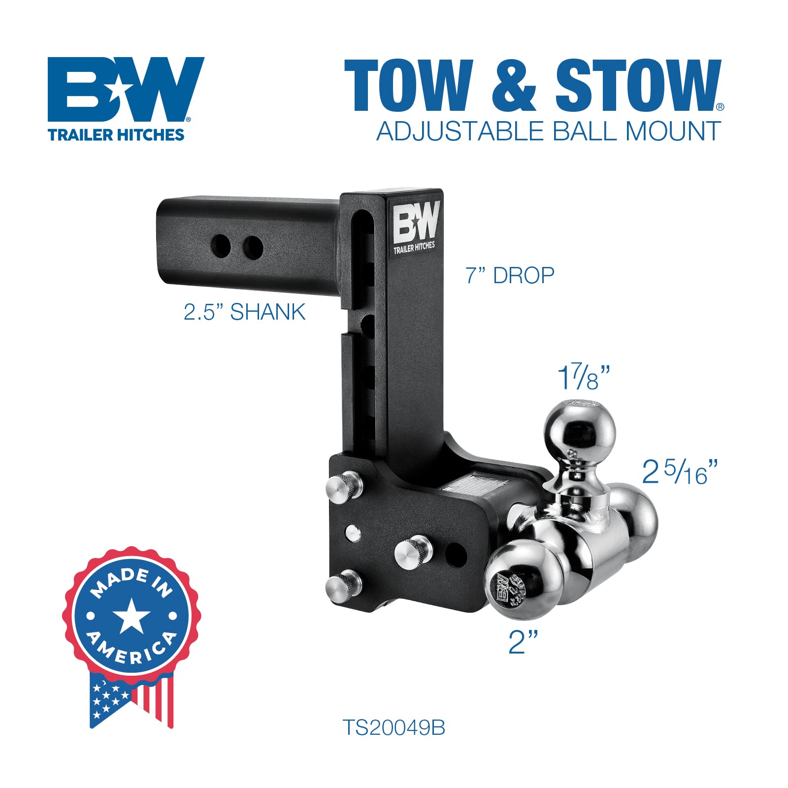 B&W Trailer Hitches Adjustable Tow & Stow Trailer Hitch Ball Mount - Fits 2.5" Receiver, Tri-Ball (1-7/8" x 2" x 2-5/16"), 7" Drop, 18,000 GTW - TS20049B