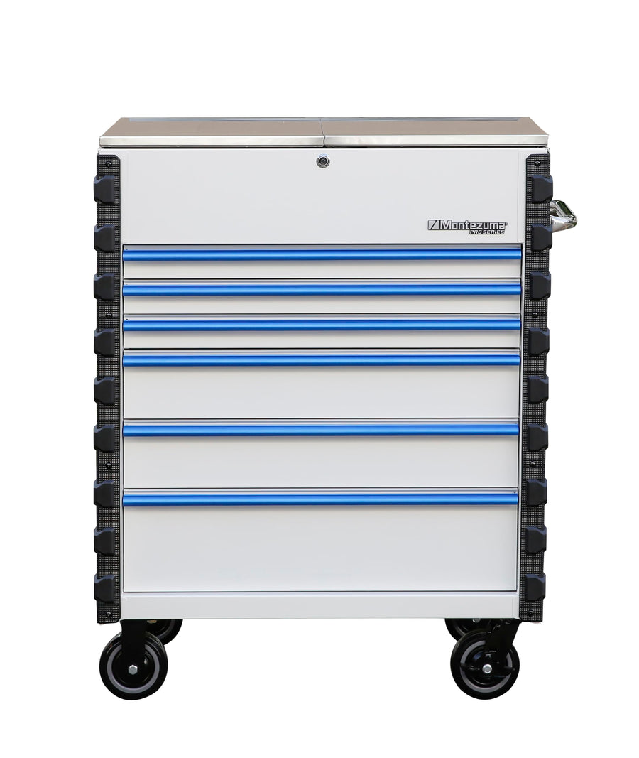 Pro Mechanics Cart Montezuma - Gloss White with Blue Aluminum Drawer Pulls