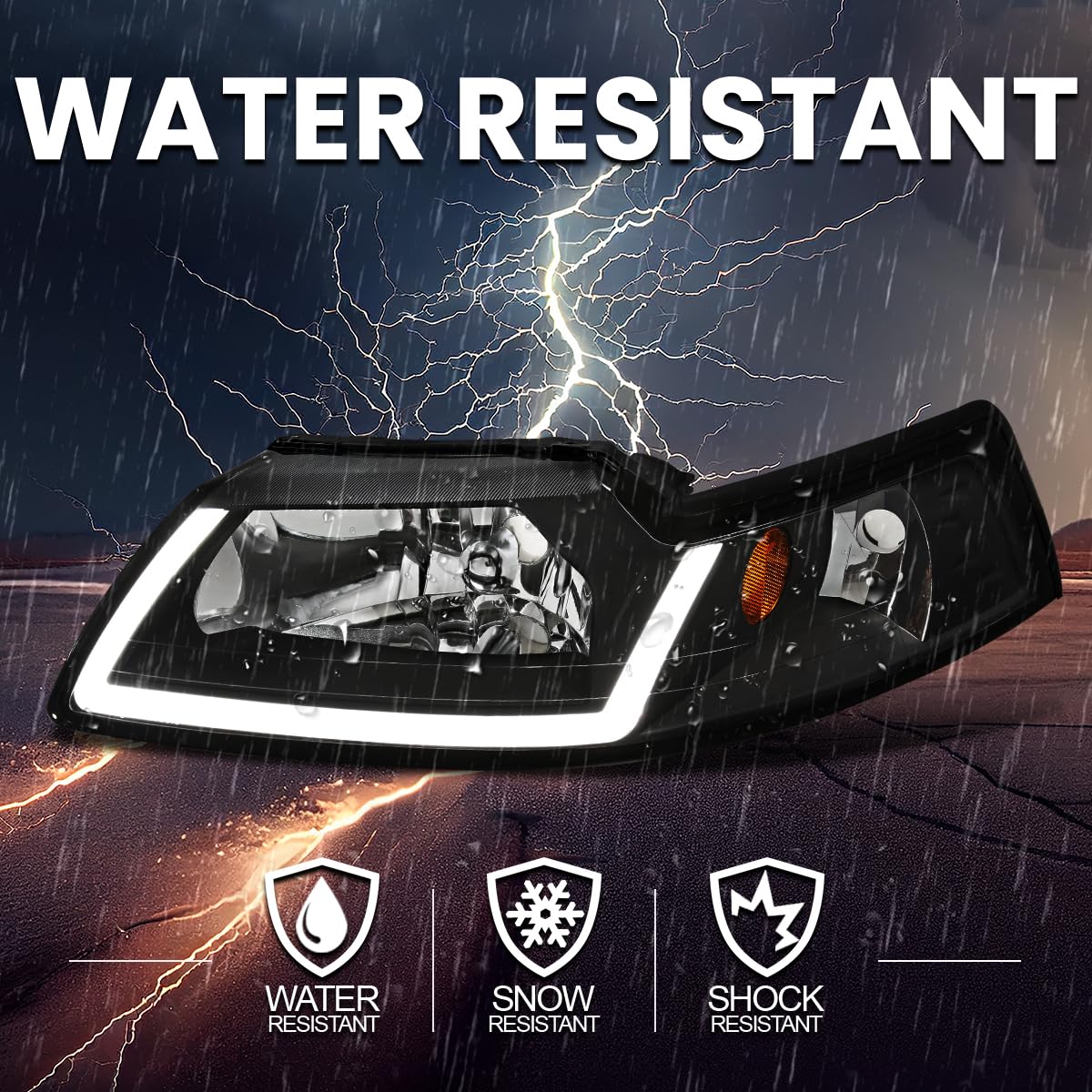 Black SPEC-D TUNING Headlights with LED Tube Strip Compatible with 1999-2004 Ford Mustang, Left + Right Pair Headlamp Assembly