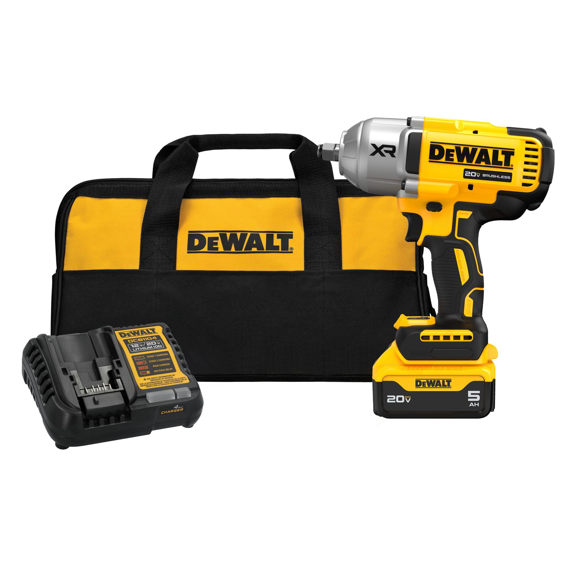 DEWALT Cordless 20V MAX Impact Wrench with Hog Ring Anvil, Brushless High Torque 1/2 Impact Gun, 4-Mode Speed, Includes Battery, Charger and Kit Bag (DCF900P1)