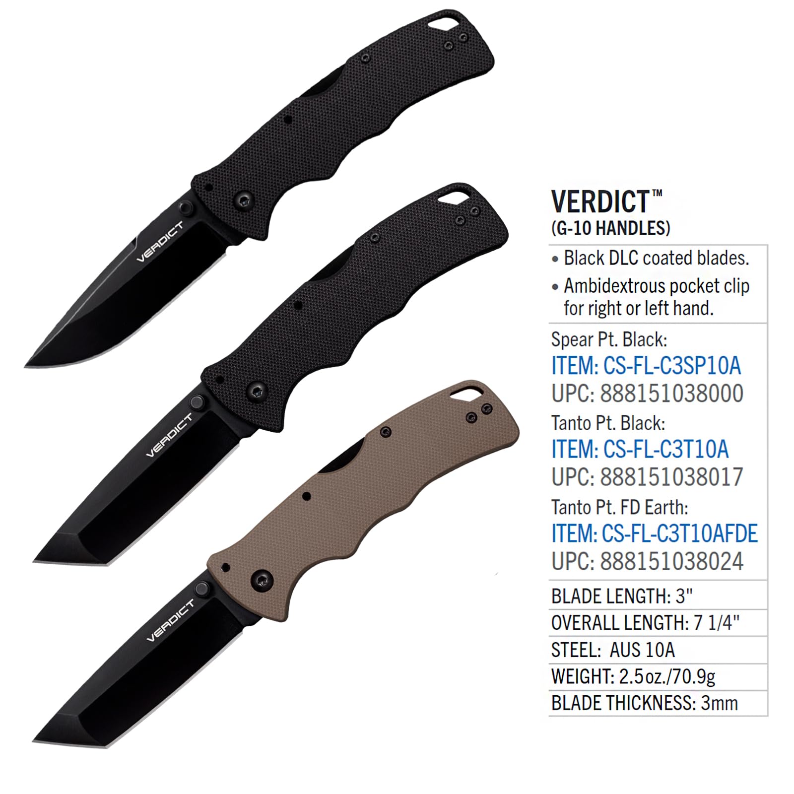 3" Cold Steel Verdict AUS10A Tanto Point Blade 4.25" G-10 FDE Handle Everyday Carry Tactical Folding Knife with Tri-Ad Lock
