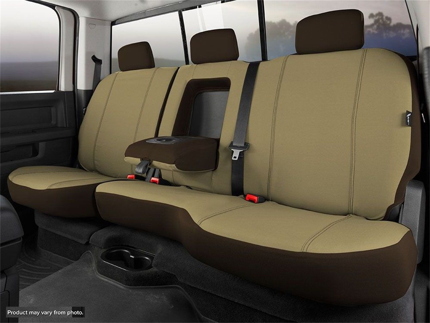 Fia Seat Protector SP82-29TAUPE Custom Seat Cover; Poly-Cotton; Taupe; Rear; Split Backrest 60/40; Solid Cushion; Armrest w/Cup Holder; Removable Headrests; Center Seat Belt;
