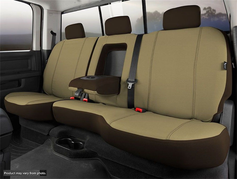Fia Seat Protector SP82-29TAUPE Custom Seat Cover; Poly-Cotton; Taupe; Rear; Split Backrest 60/40; Solid Cushion; Armrest w/Cup Holder; Removable Headrests; Center Seat Belt;