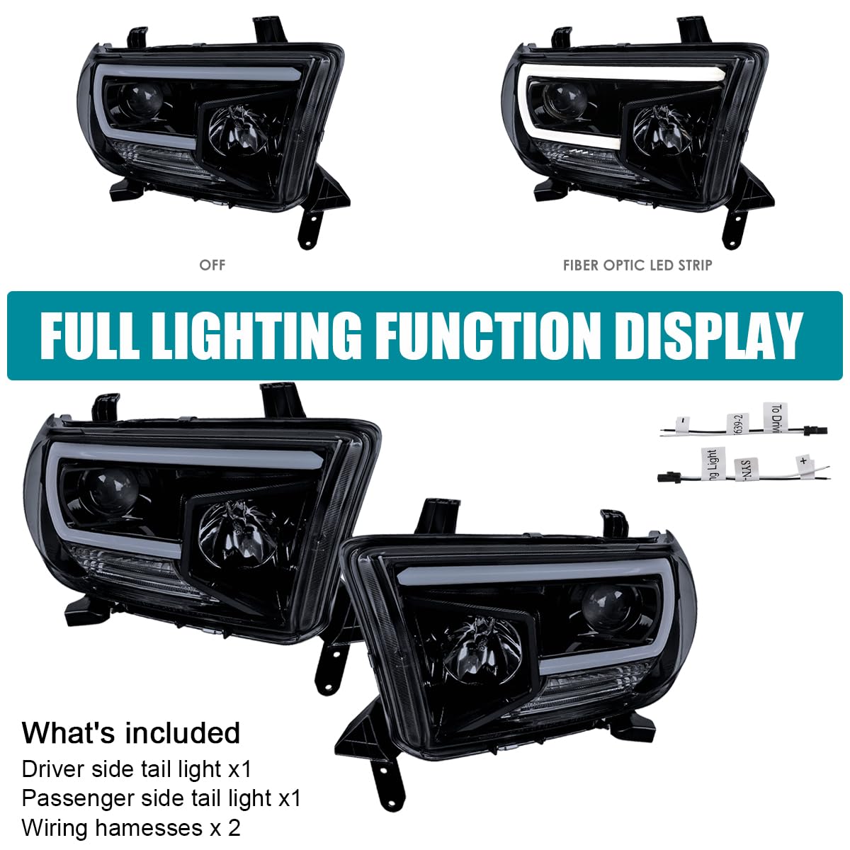 Glossy Black Smoke SPEC-D TUNING Projector Headlights w/LED Light Bar Compatible with 2007-2013 Toyota Tundra, 2008-2017 Toyota Sequoia, Left + Right Pair Headlamps Assembly