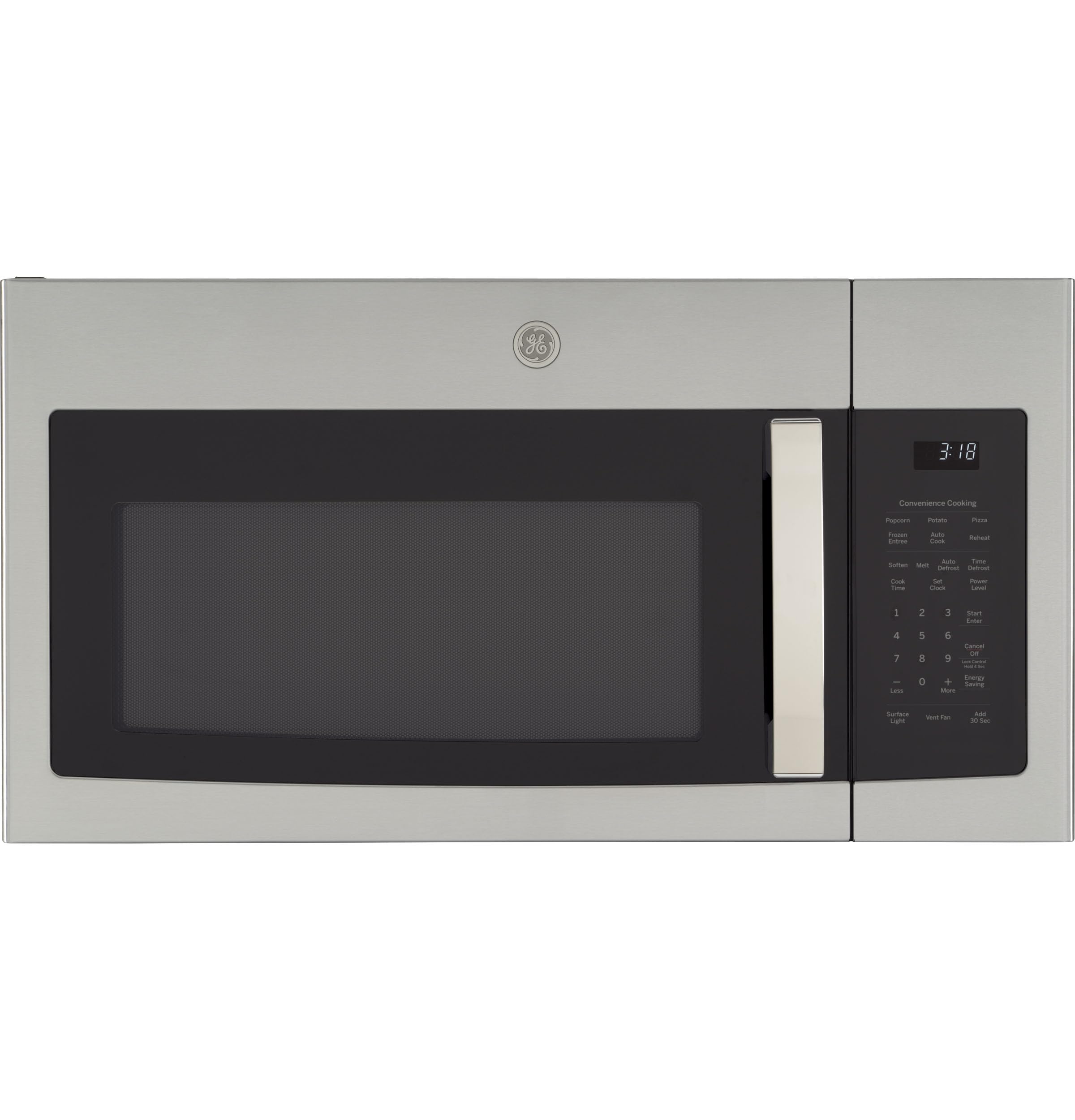 Over-the-Range GE Microwave Oven with Recirculating Venting, 1.8 Cu. FT, 900W, 12.8” Removable Turntable, 10 Power Levels, Stainless Steel