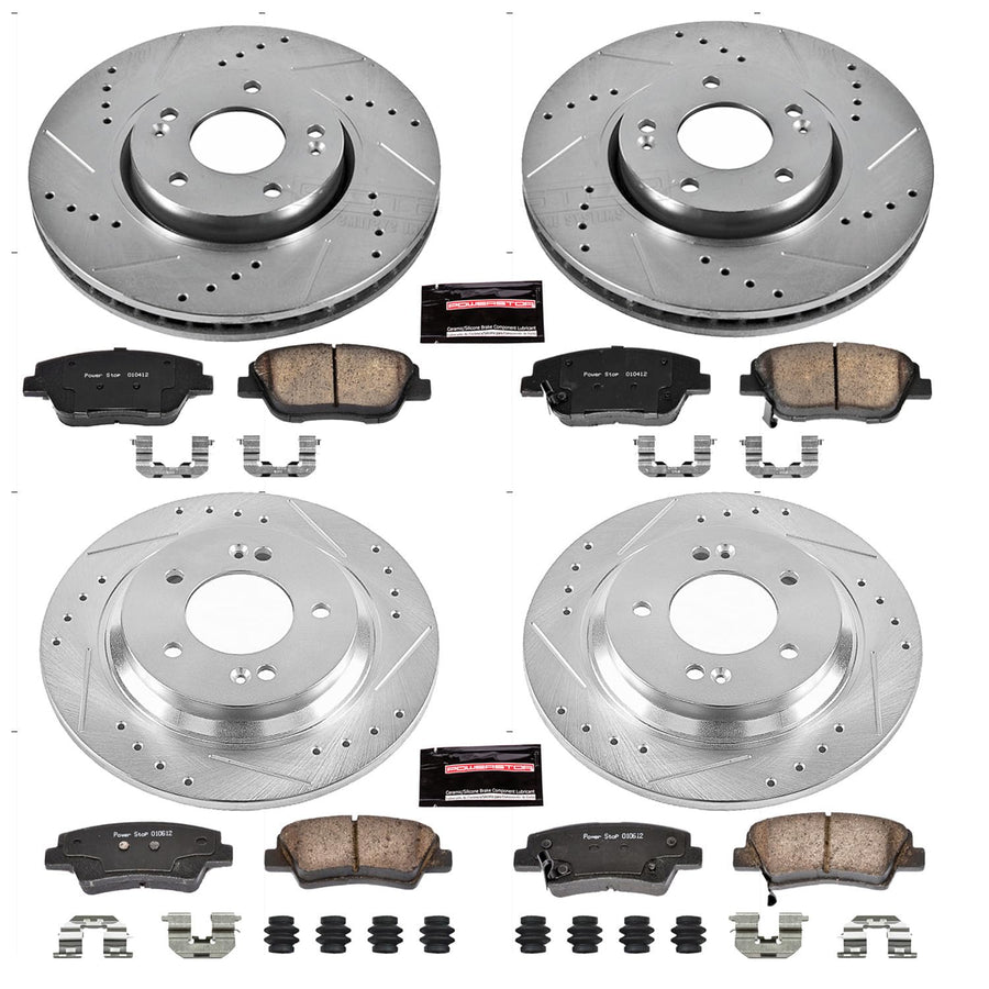 Power Stop K7504 Z23 Carbon Fiber Brake Pads Front and Rear with Drilled & Slotted Brake Rotors Kit For Kia Optima 2014-2016 [Model Specific]