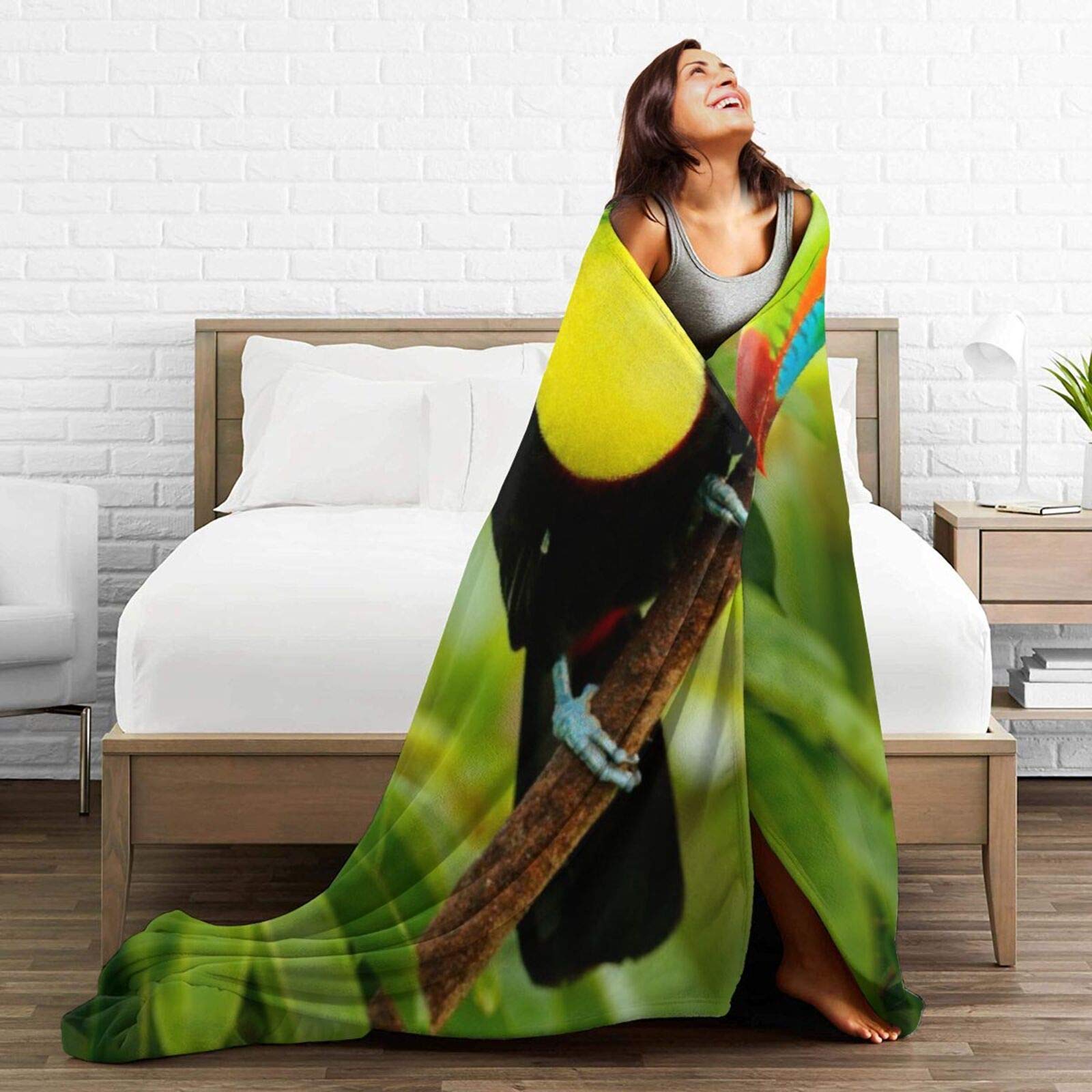 Custom Personalized Throw Blanket,Keel Billed Toucan Ramphastos Sulfuratus Bird Big Bill Sitting Branch In The Forest Boca Tapada Green,Soft Comfortable Plush Blanket for Sofa Bedroom Travel 50"X60"