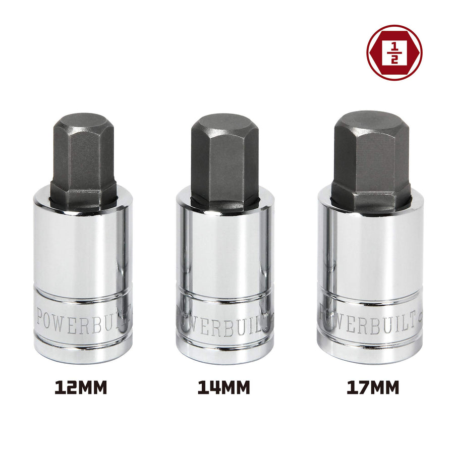 3 Piece Powerbuilt 1/2-Inch Drive Metric Hex Bit Socket Set – 12mm, 14mm, 17mm – S2 Steel Bits & Chrome Vanadium Sockets with Storage Rail – Corrosion-Resistant, Mirror Finish – 641862