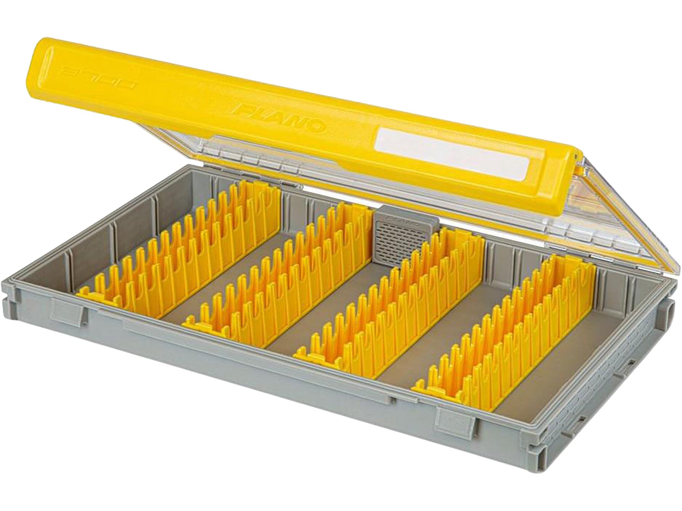 Plano 3700 Edge Vertical Jig & Spybait Box Tackle Storage, Gray and Yellow, Holds Up to 52 Vertical Baits, Rust-Resistant and Waterproof Bait Organizer Box