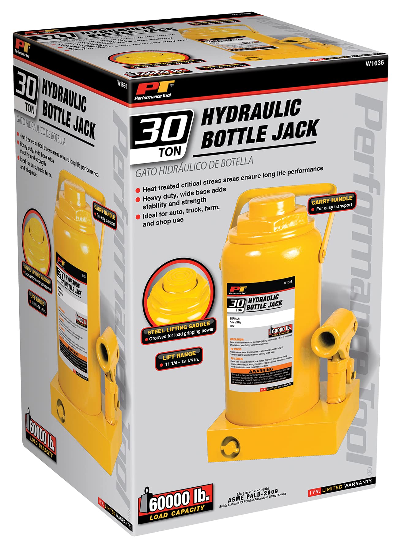 30 Ton Performance Tool W1636 Heavy Duty Hydraulic Bottle Jack, Range: 11 1/4-Inch to 18 1/4-Inch (60,000 lbs.)