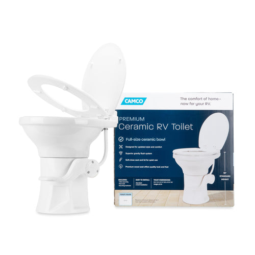 Camco Premium Camper/RV Ceramic Toilet - Features Gravity Flush System with Convenient Foot Pedal & Full-Sized Ergonomic Design with 18" Chair Height - Soft-Close Wood Seat & Lid - White (41710)