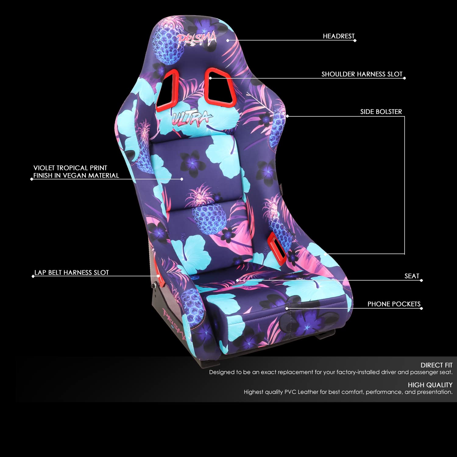 NRG Innovations Prisma FRP-303-PINA Fixed Back Bucket Racing Seat with Bottom Mount Bracket, Invert Tropical Print/Purple Sparkled Paint Back