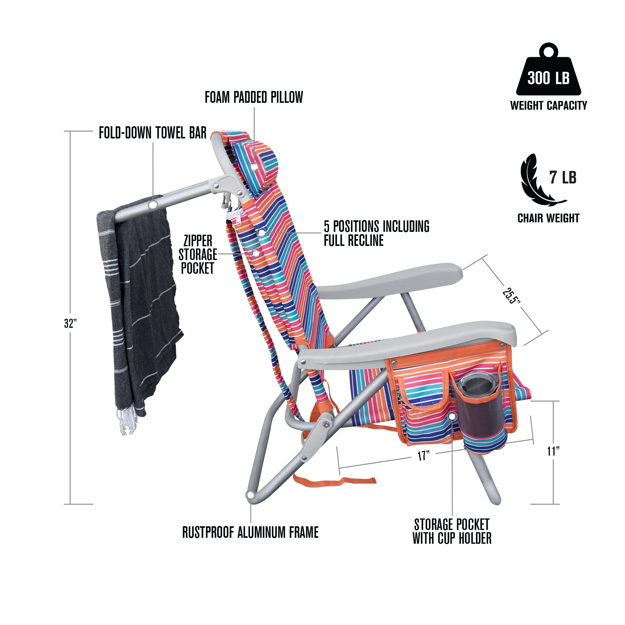 Sherbet Hurley Deluxe Backpack Beach Chair, One Size
