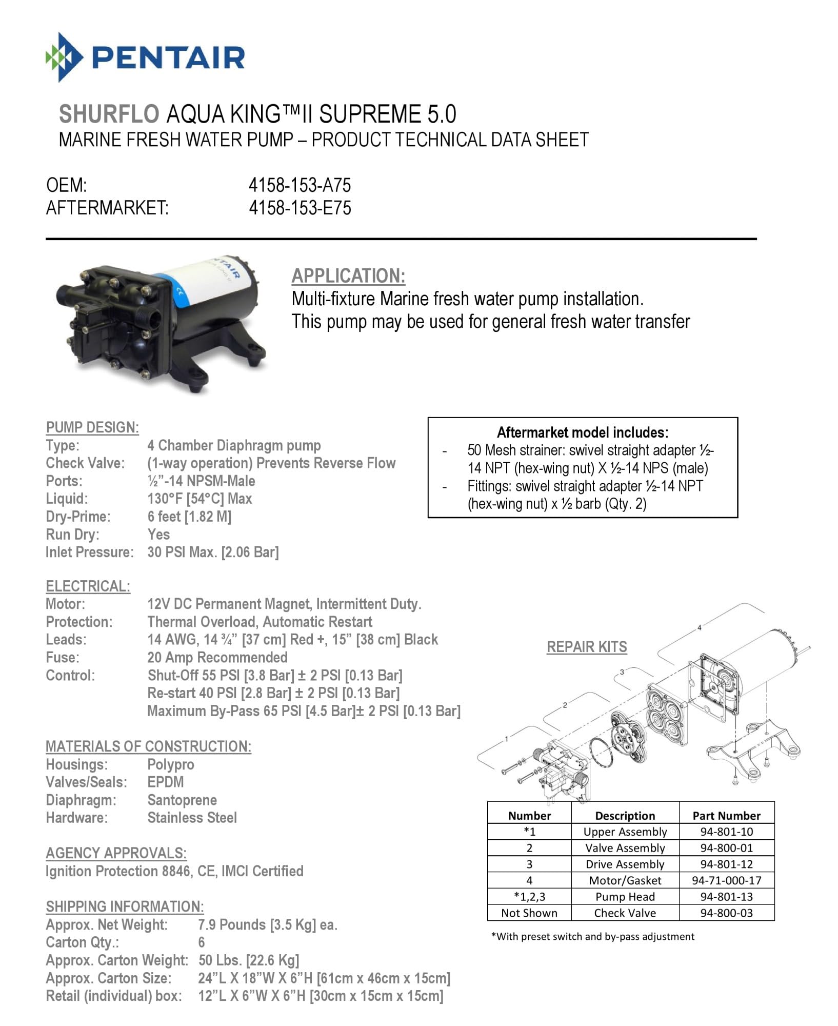 PENTAIR 4158-153-E75 SHURFLO Aqua King II Premium Fresh Water Pump, 12V, 5.0 GPM, 55 PSI, Multi-Fixture Marine and RV Diaphragm Pump with Built-in Bypass, Quiet Operation, and Heavy-Duty Construction