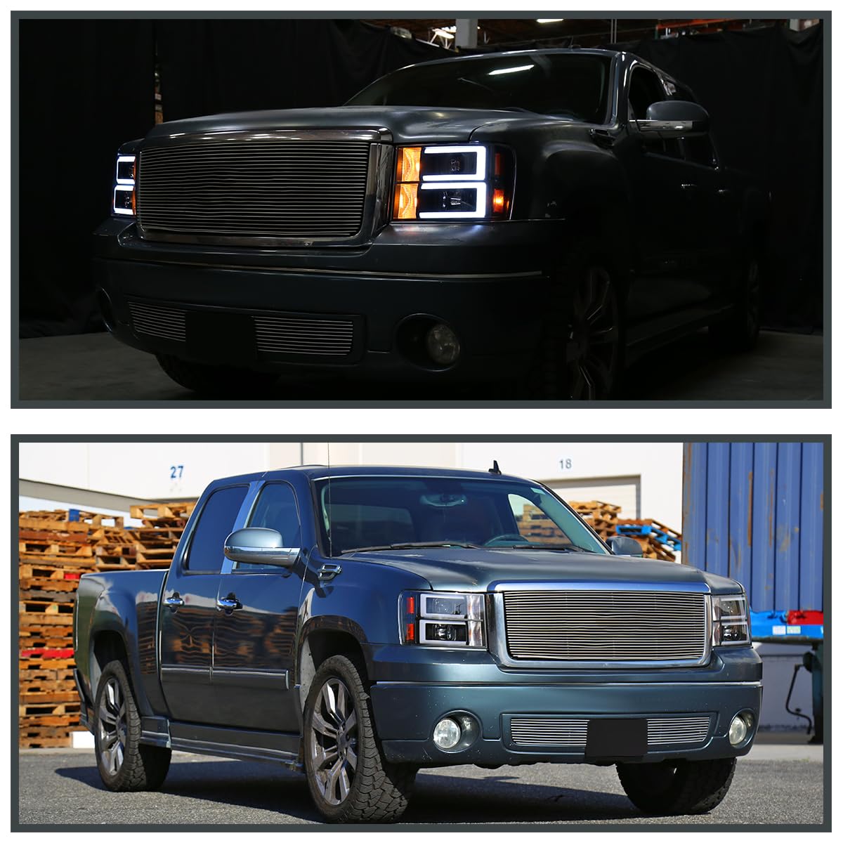 Black LED Bar Projector Headlights SPEC-D TUNING Compatible with 2007-2013 GMC Sierra Models 1500 1500HD 2500HD 3500HD, Left + Right Pair Headlamps Assembly