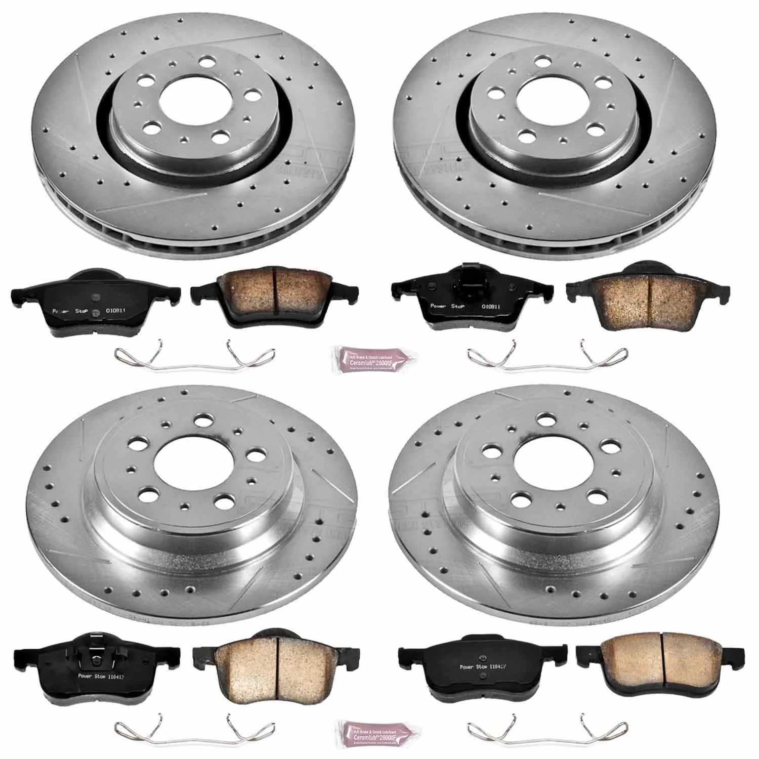 Power Stop K4431 Z23 Carbon Fiber Brake Pads Front and Rear with Drilled & Slotted Brake Rotors Kit