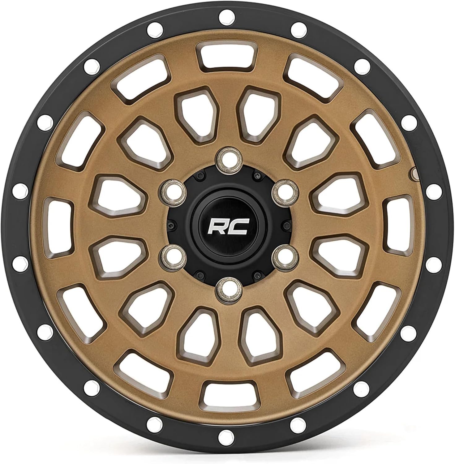 17x8.5" Rough Country Bronze Aluminum Wheel with Black Ring & Simulated Beadlock - 6x5.5 Bolt Pattern, +25mm Offset, Durable One-Piece Rim for Trucks & Jeeps 87 Series