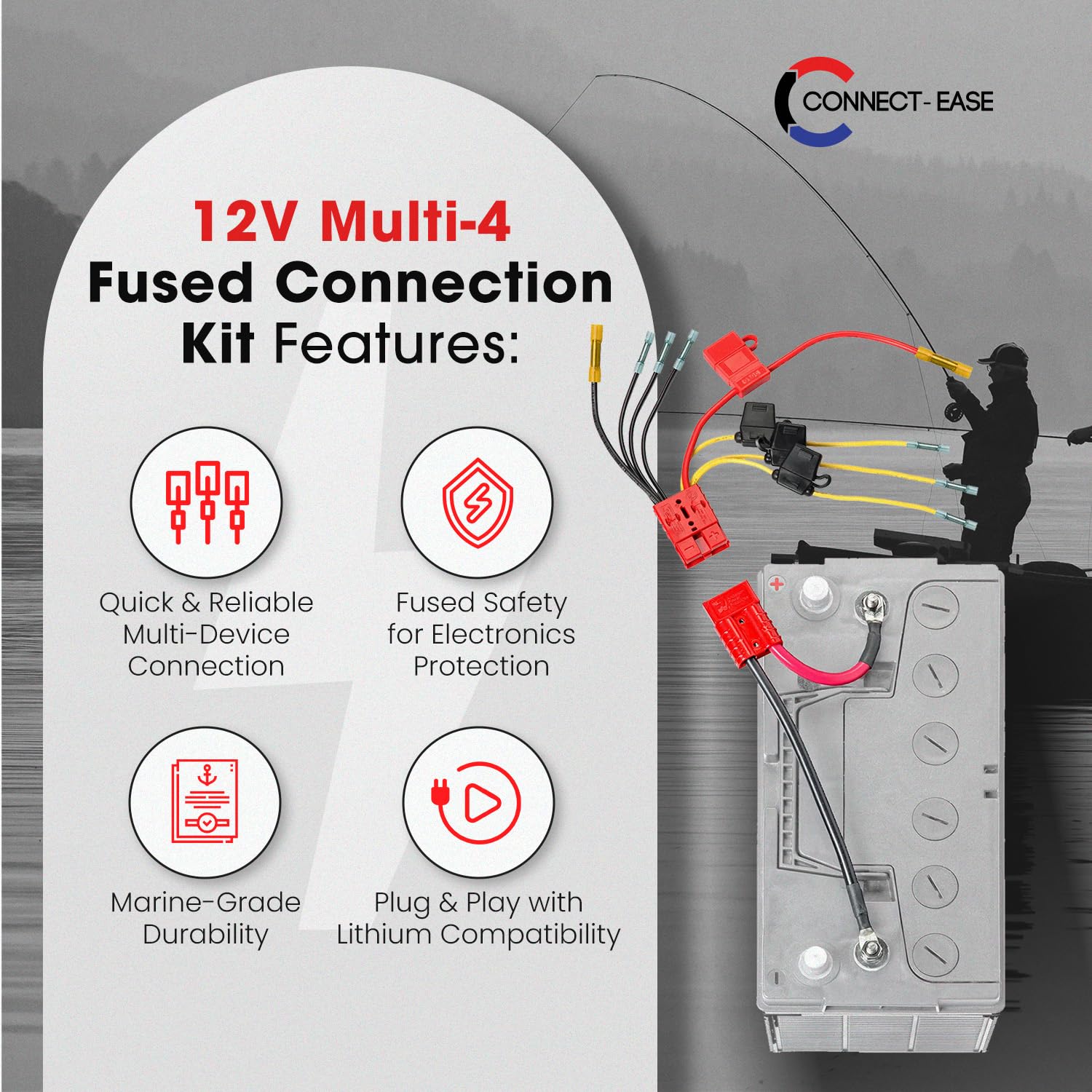 12V Connect-Ease Multi-4 Fused Connection Kit RCE12VB4FK | Perfect for Battery Charger, Depth Finders, Bilge Pumps, and Marine Accessories | Heavy Duty UL1426 Tinned Copper Wire | Battery NOT Included