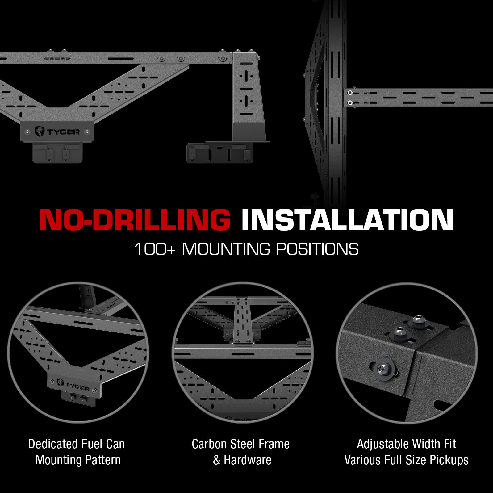 Tyger Auto Overland Plate Style Bed Rack for Full-Size Pickup Trucks | Compatible with Ram 1500 & HD, Ford F-Series, Silverado, Sierra, Titan & XD (see image for size chart) | TG-BK2U55637, Black
