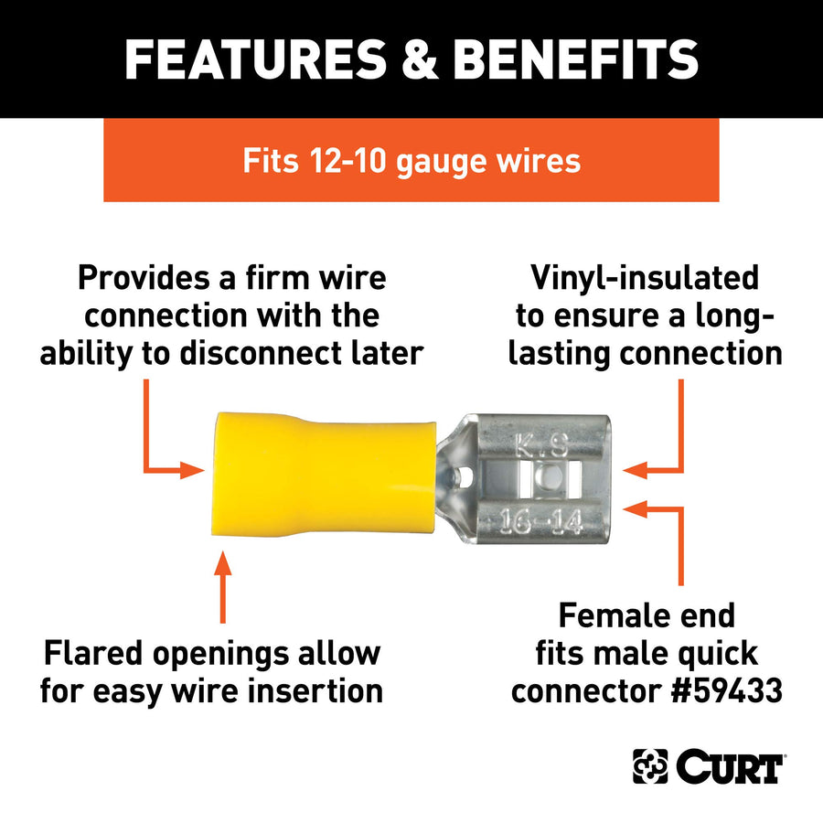 CURT 59593 Yellow Vinyl-Insulated 12-10 Gauge Female Wire Quick Connectors, 100-Pack