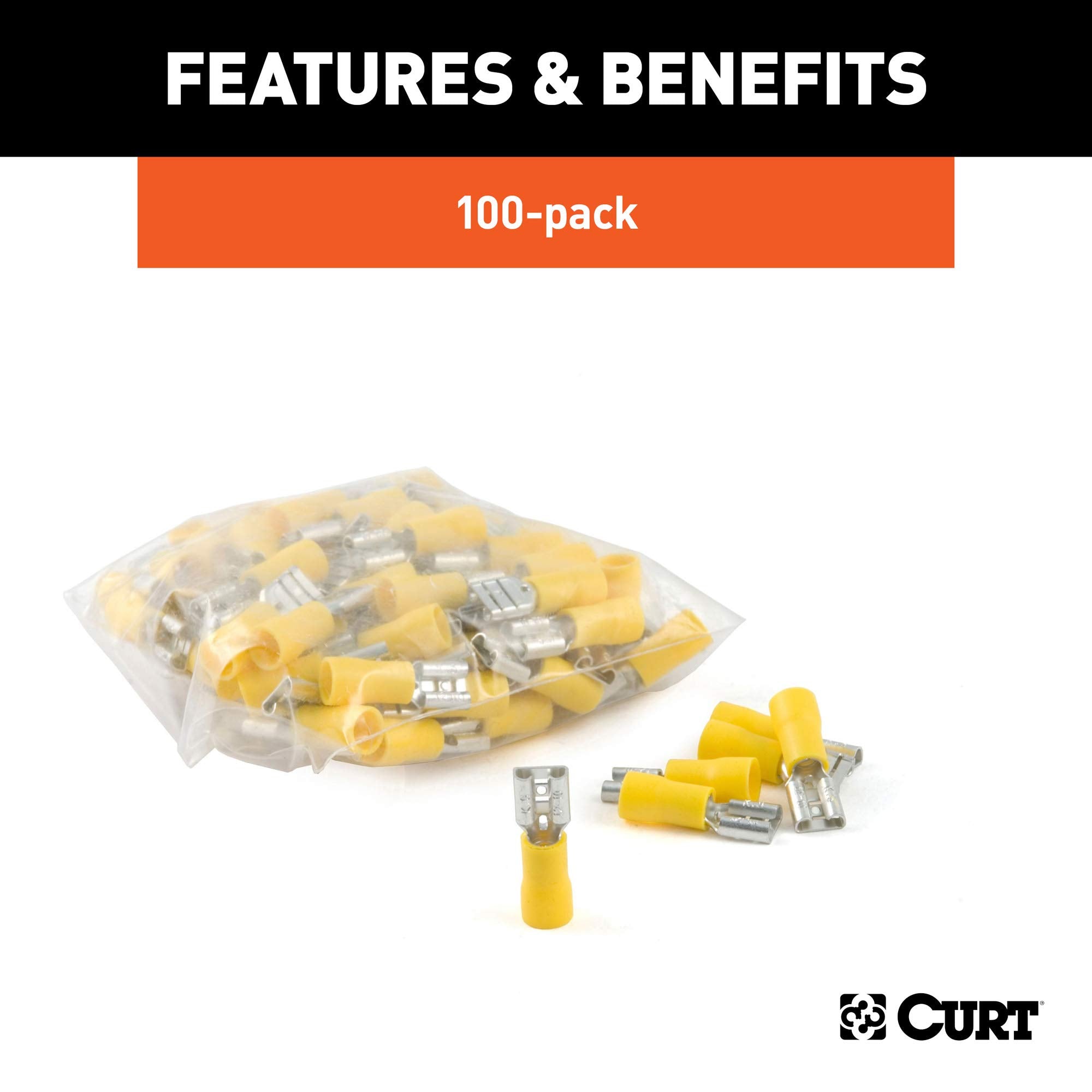 CURT 59593 Yellow Vinyl-Insulated 12-10 Gauge Female Wire Quick Connectors, 100-Pack
