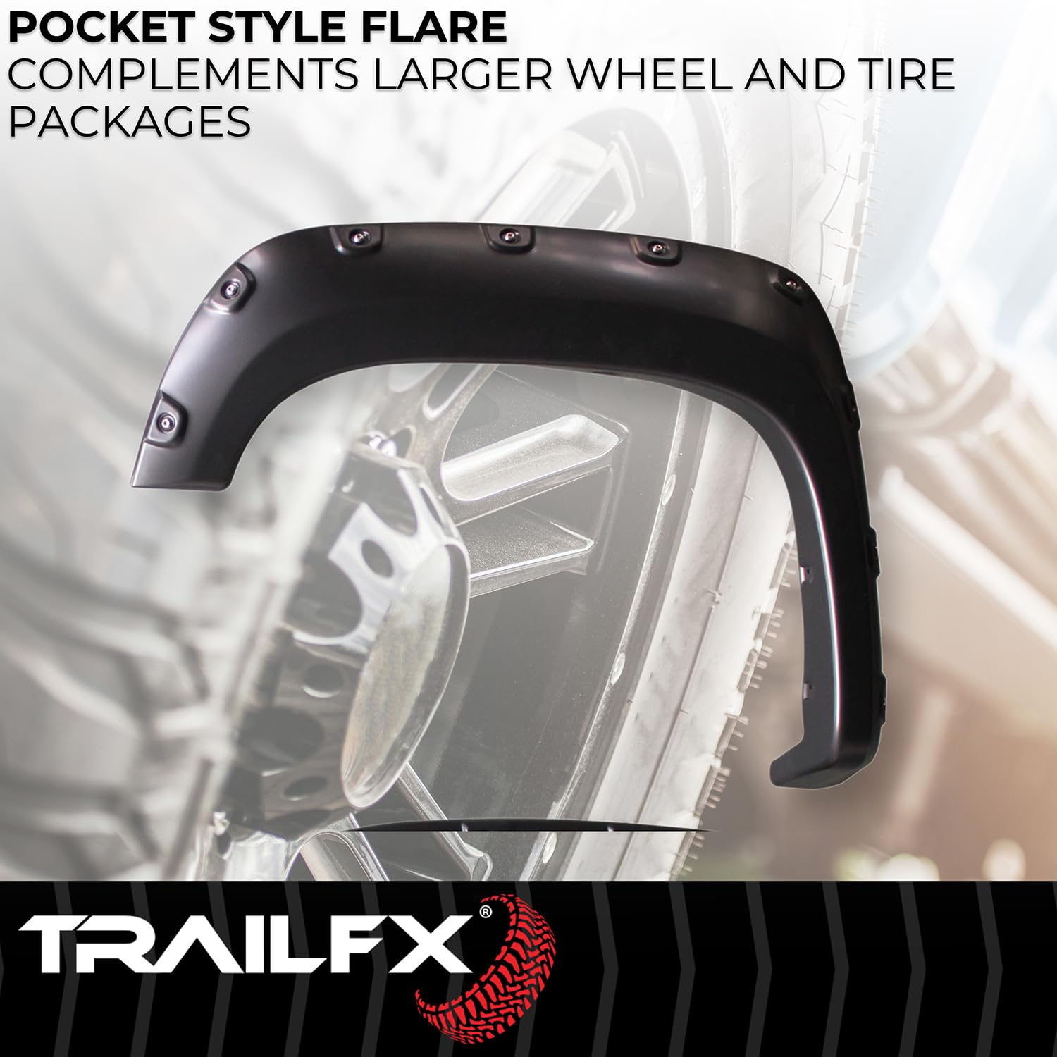 Fender Flares TrailFX Fits GMC Sierra 1500 2007-2013 Pocket Style Black Smooth Paintable Plastic Set of 4 Fender Flares with Stainless and Black Steel Rivets TrailFX TFG3001S