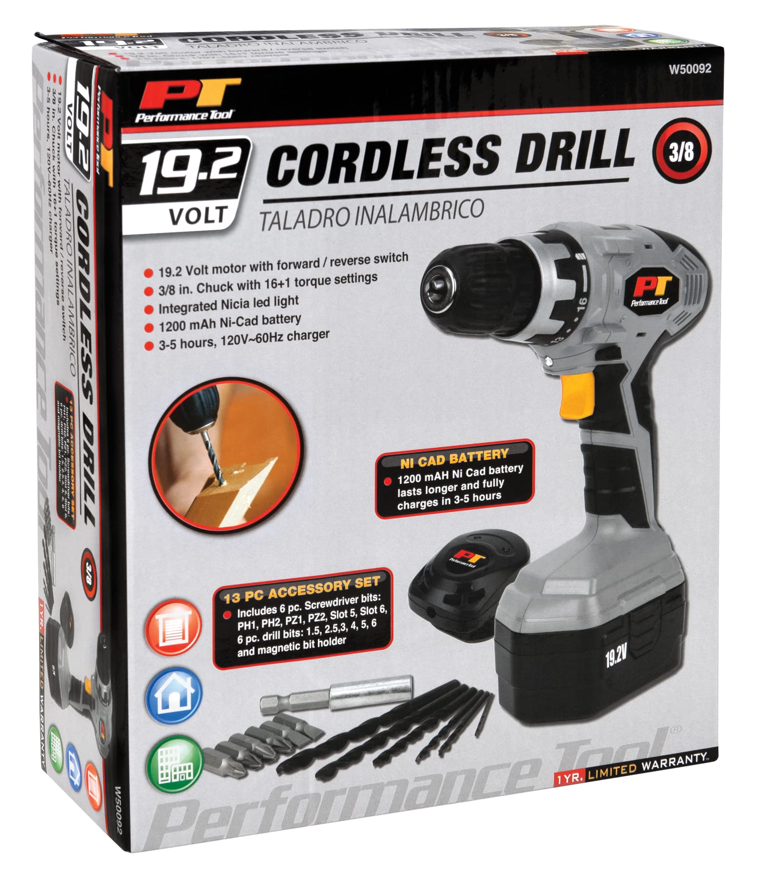 19.2V Performance Tool W50092 Cordless Drill Set with LED Light and 13-Piece Accessory Set