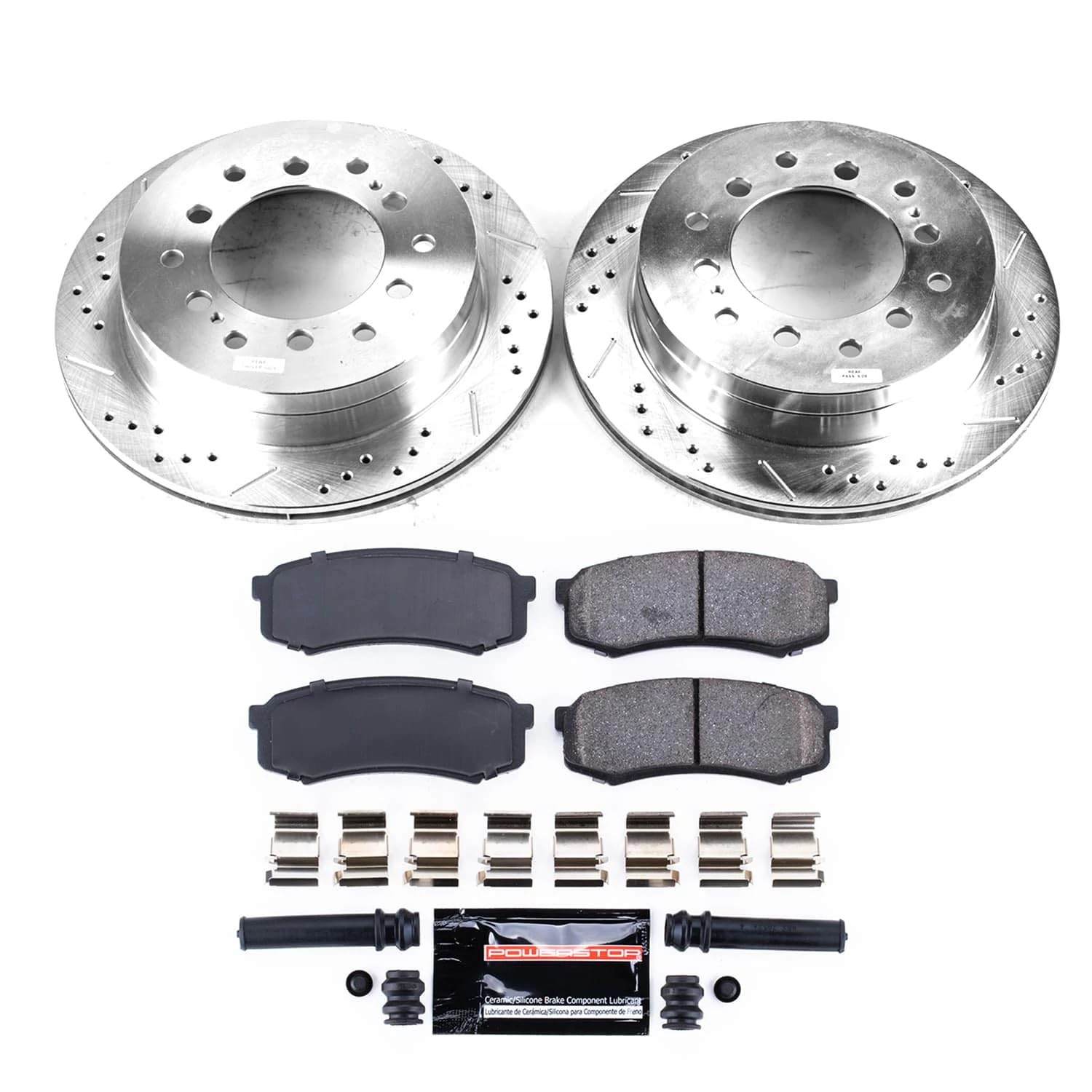 Power Stop K2405 Z23 Rear Carbon Fiber Brake Pads with Drilled and Slotted Brake Rotors Kit For Lexus GX470 Toyota 4Runner FJ Cruiser Sequoia 6 Lug
