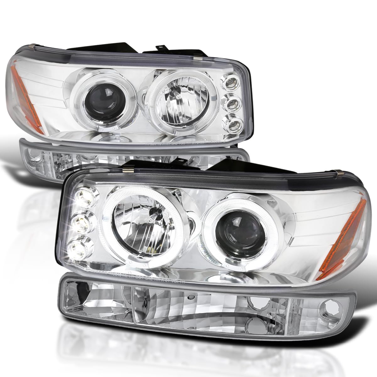 Chrome LED Halo Projector Headlights + Bumper Lights SPEC-D TUNING Compatible with 1999-2006 GMC Sierra 1500/2500/3500, Left + Right Pair Headlamps Assembly