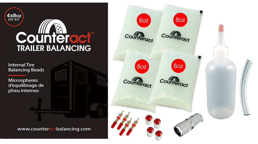 DIY Tire/Wheel Balancing Beads Kit Counteract DIYTK8-4 – for All Trailers, Includes (4) 8oz Bead Bags, (4) Valve Caps & Cores, (1) Core Remover, & Injector Bottle
