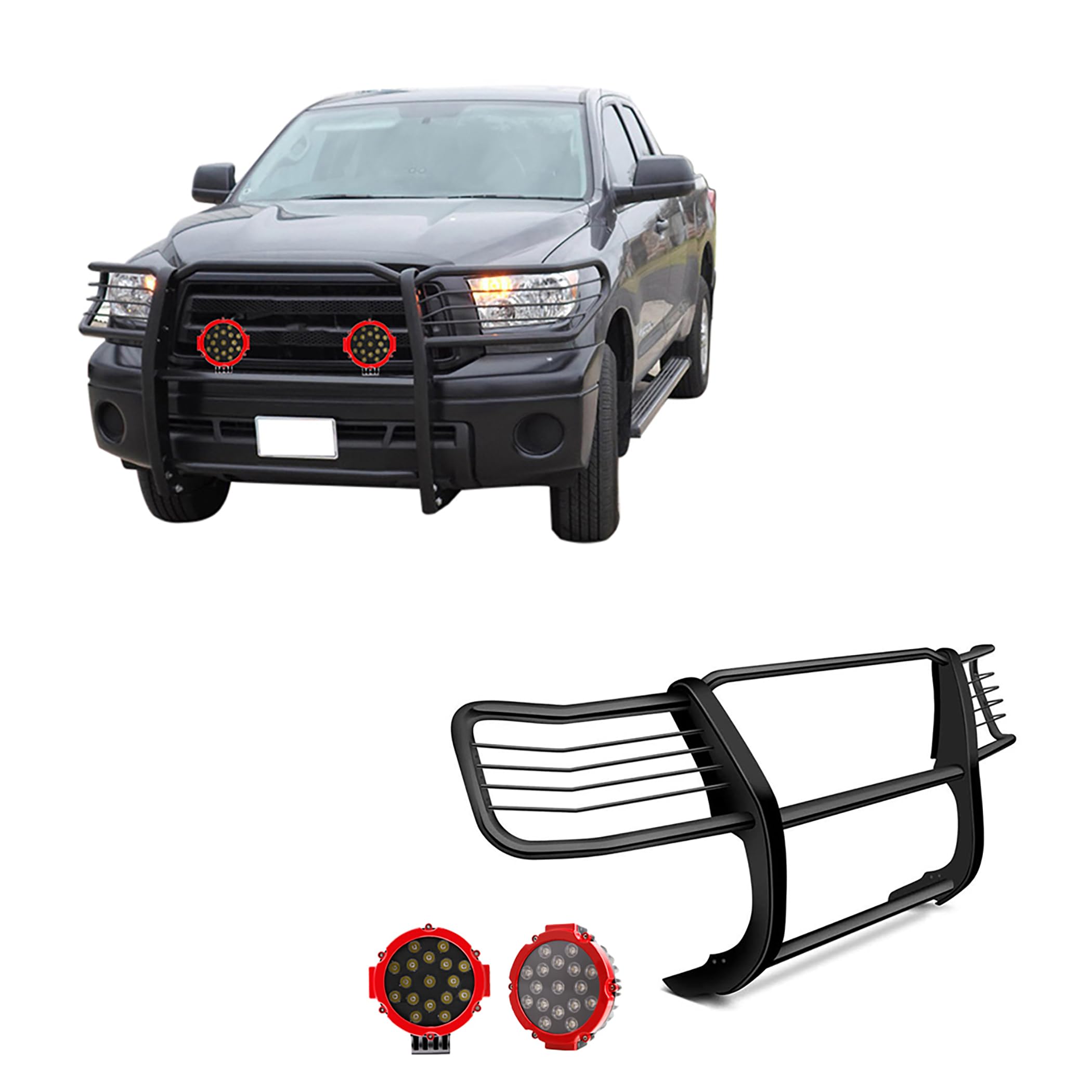 Grille Brush Black Horse Bumper Guard Modular Black Come with Pair of 7.0" Dia.LED Lights with Red Trim Rings Compatible with 2004-2006 Toyota Tundra-17TS27MA-PLR