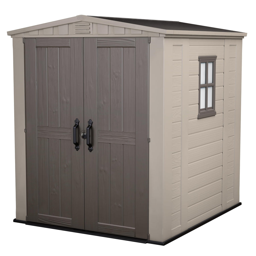 Keter 8x8 Foot Factor Large Resin Outdoor Shed with Floor for Patio Furniture, Lawn Mower, and Bike Storage, Taupe & Brown