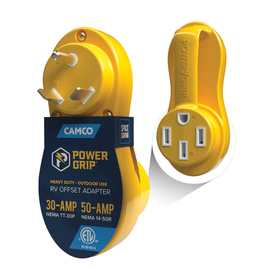 Camco Power Grip Electrical Adapter Offset - 30 amp to 50 amp RV Power Adapter - Design to Relieve Cord Stress (55133)