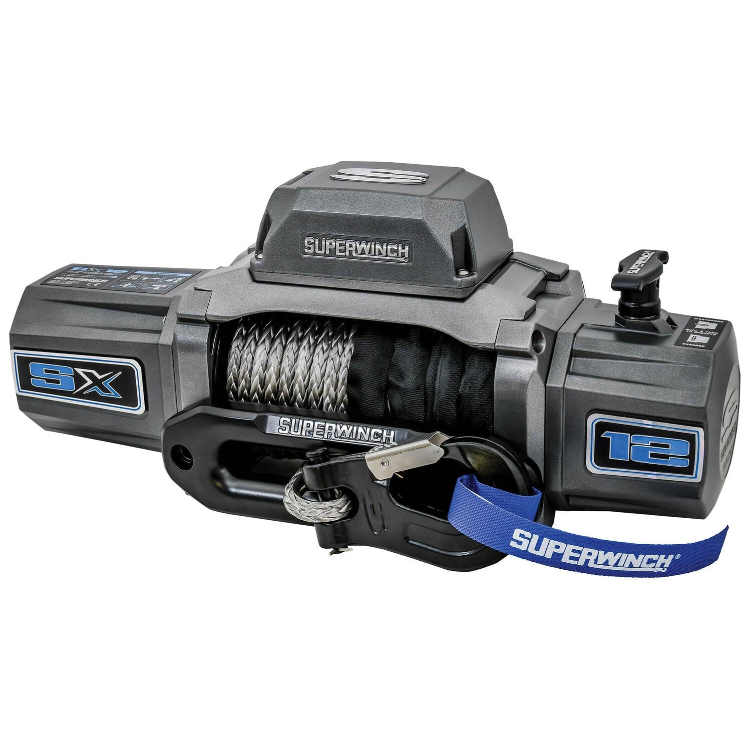 SX12SR Superwinch 1712201 12V DC Electric Waterproof Recovery Winch 12,000lb/5,443kg Single Line Pull with Hawse Fairlead 3/8in x 85ft Synthetic Rope Corded Handheld and Wireless Remote No-Bind Clutch