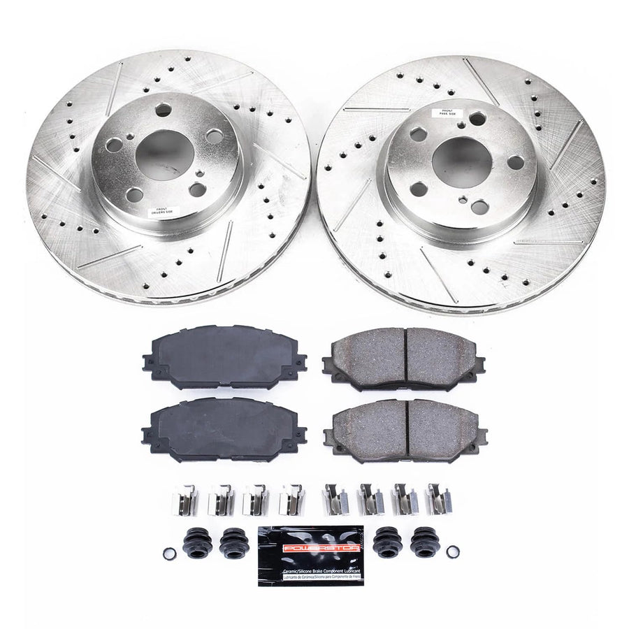 Brake Kit Power Stop For Pontiac Vibe Scion XD Toyota Corolla Matrix - Front Z23 Carbon Fiber Brake Pads with Drilled and Slotted Brake Rotors Replacement, K4669