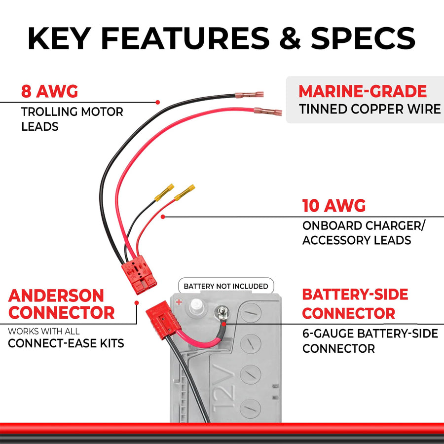 12V Connect-Ease Trolling Motor Wire Connection Kit with On-Board Charger Leads Included RCE12VBCHK | Lithium Compatible | Quick Connect Wire Connectors | Marine and Outdoor Use | Battery Not Included