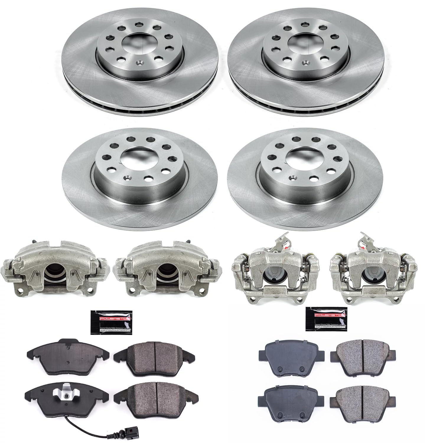 Power Stop KCOE5747 Replacement Autospeciality Front and Rear Caliper Kit- OE Rotors, Ceramic Brake Pads, Calipers For VW Beetle, VW Golf, VW Jetta [Model Specific]