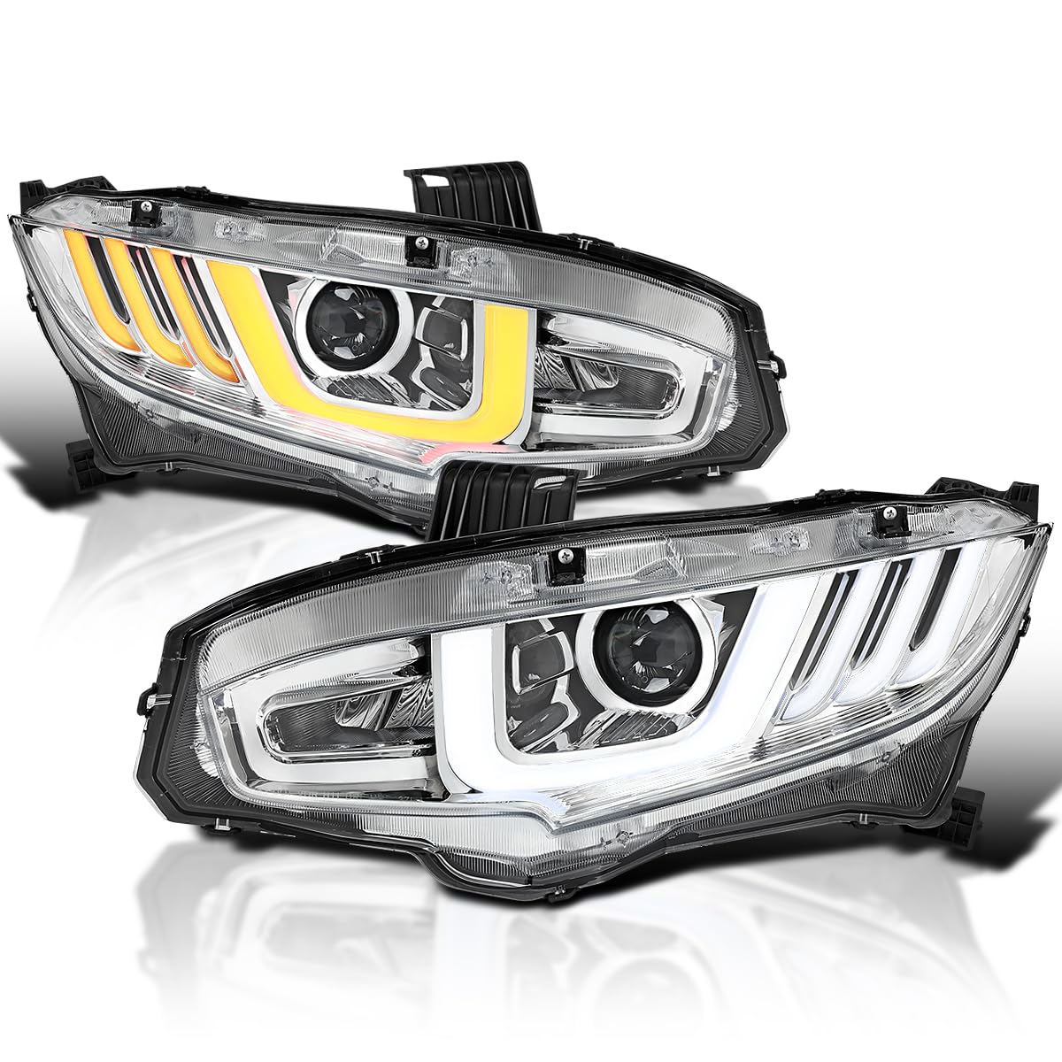 LED Tube Projector Headlights SPEC-D TUNING w/Switchback Sequential Signal Compatible with 2016-2021 Honda Civic Models with Factory Halogen Headlights Left + Right