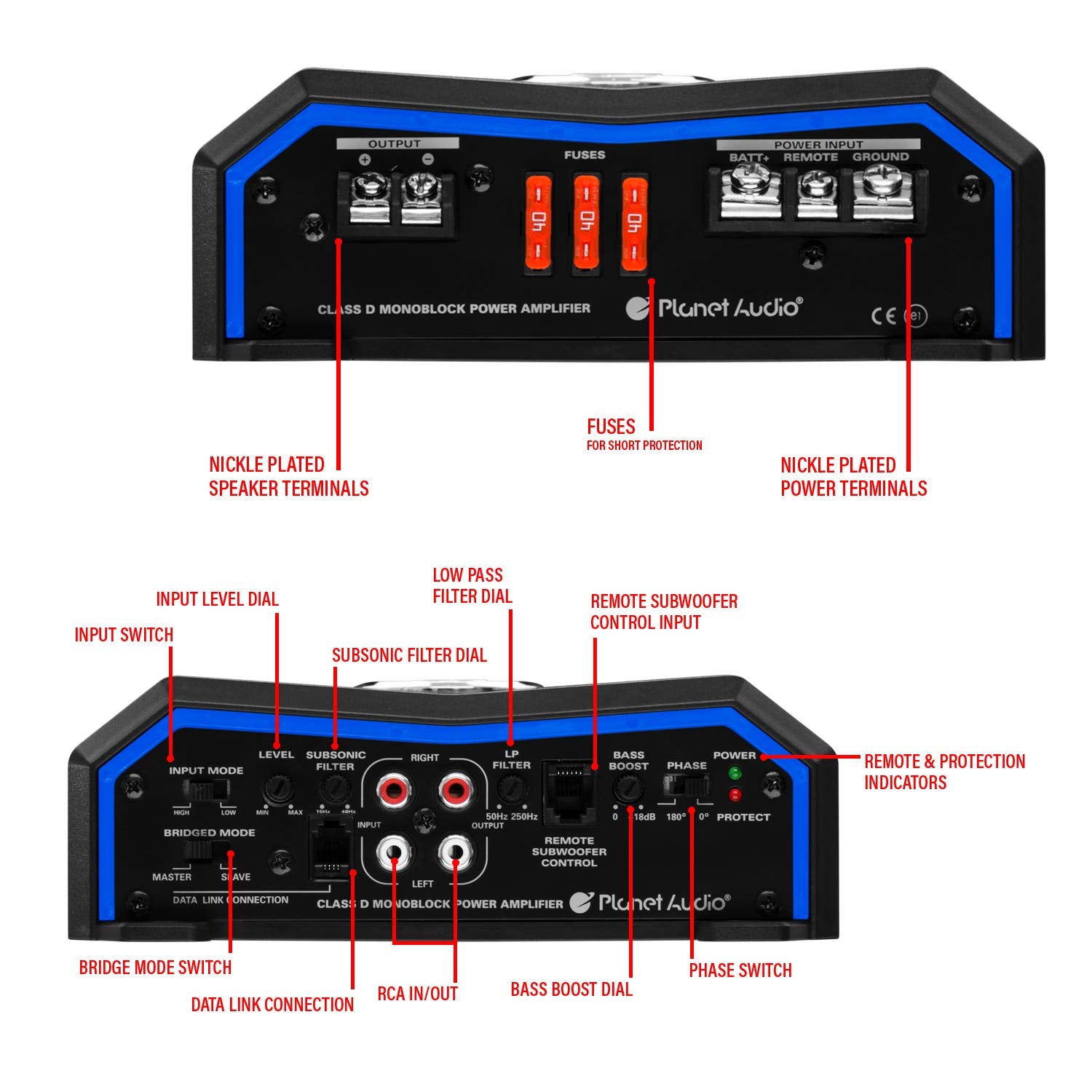 Pulse Series Planet Audio PL4000.1D Class D Monoblock Car Amplifier – 4000 High Output, 1 Ohm Stable, Low Level Inputs, Low Pass Crossover, MOSFET, Hook Up to Subwoofer for Bass