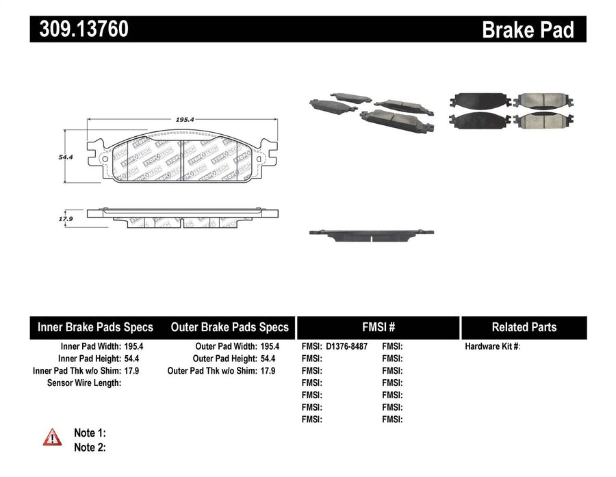 Sport Brake Pads StopTech 309.13760 with Shims and Hardware