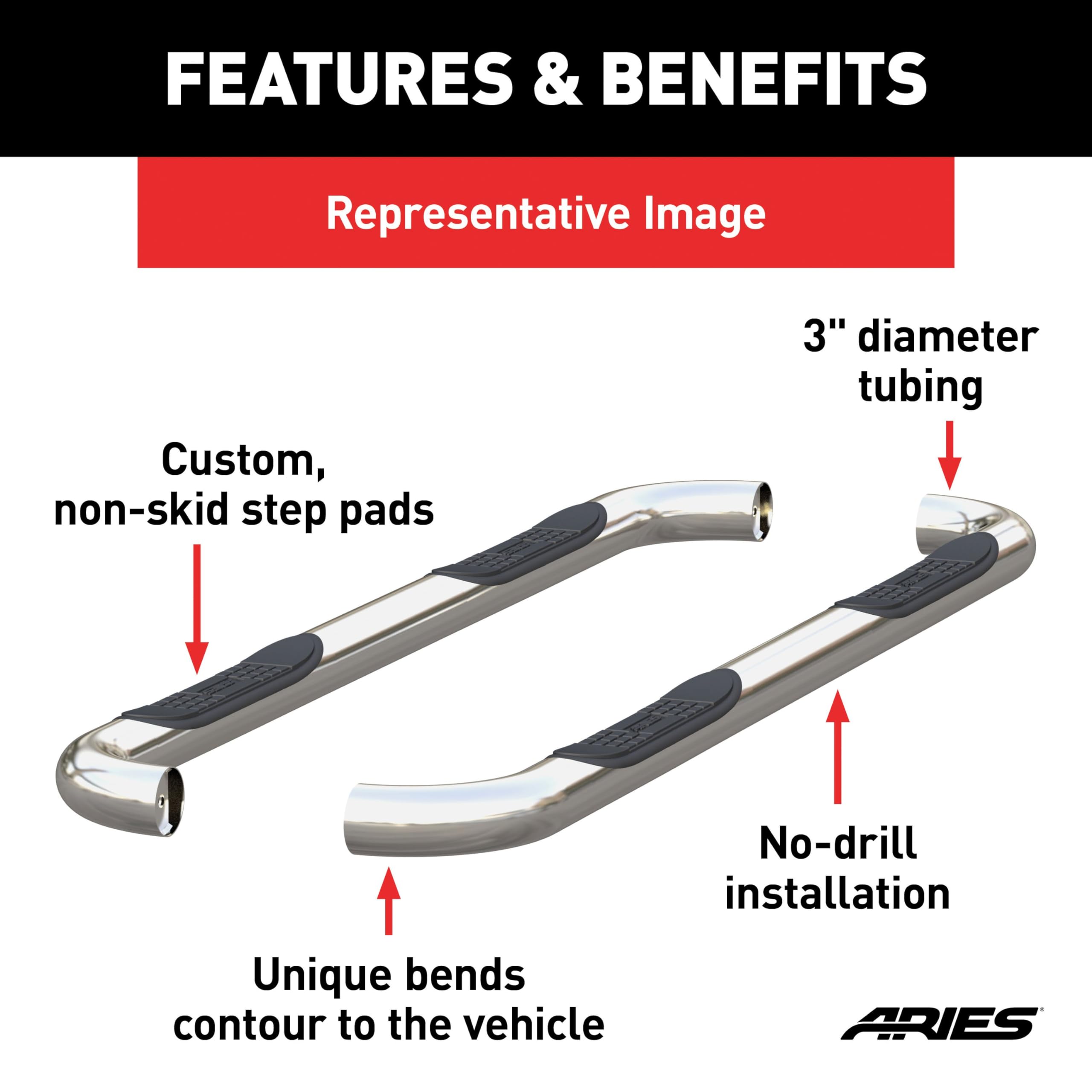 3-Inch Round Polished Stainless Steel ARIES Nerf Bars, No-Drill, Fits Select Chevrolet Silverado, GMC Sierra 1500