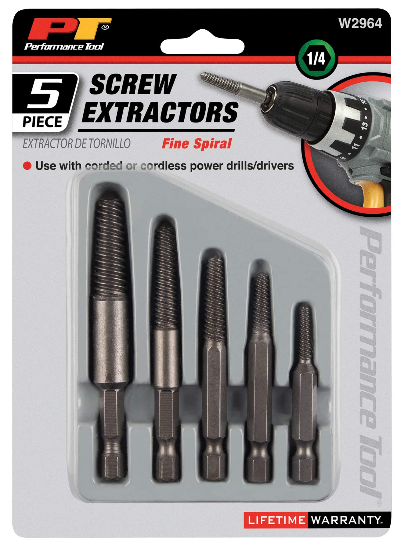 W2964 Performance Tool Fine Threaded Extractor Set - Remove Damaged, Frozen, or Rusted Fasteners from Wood, Plastic, or Metal with 1/4-Inch Hex Shank
