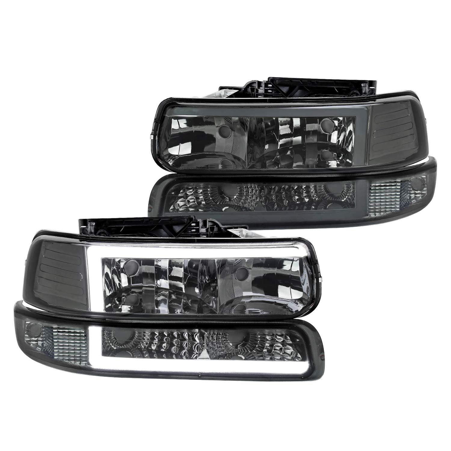 Spec-D Tuning LED Bar Clear Reflector Smoke Lens Headlights + Bumper Lights 4PC Compatible with Chevy Silverado 1999-2002, 00-06 Tahoe Suburban, L+R Pair Assembly