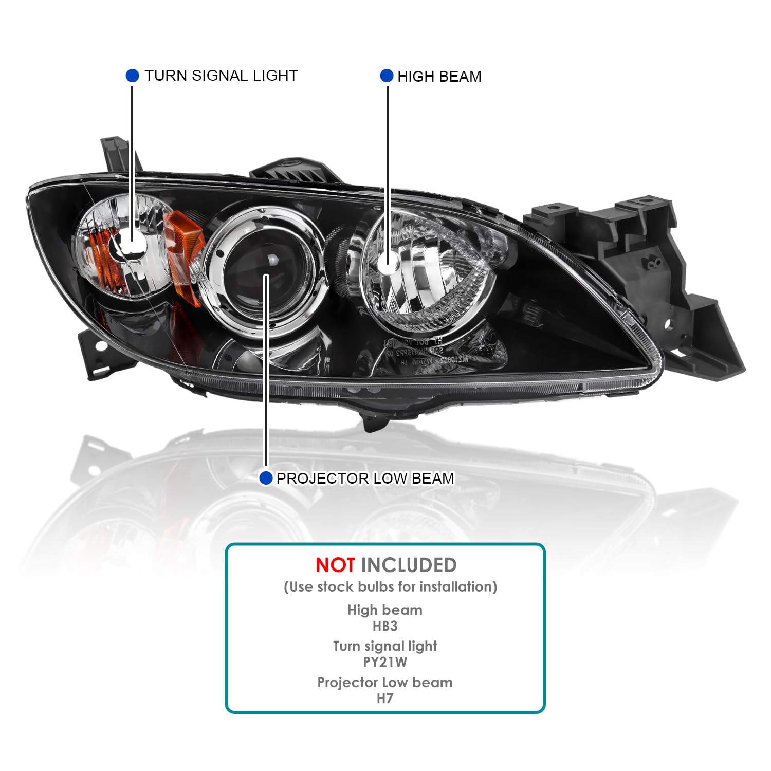 Halogen Projector Headlights SPEC-D TUNING Black Compatible with 2004-2009 Mazda 3 4Dr Sedan, Left + Right Pair Headlamps Assembly