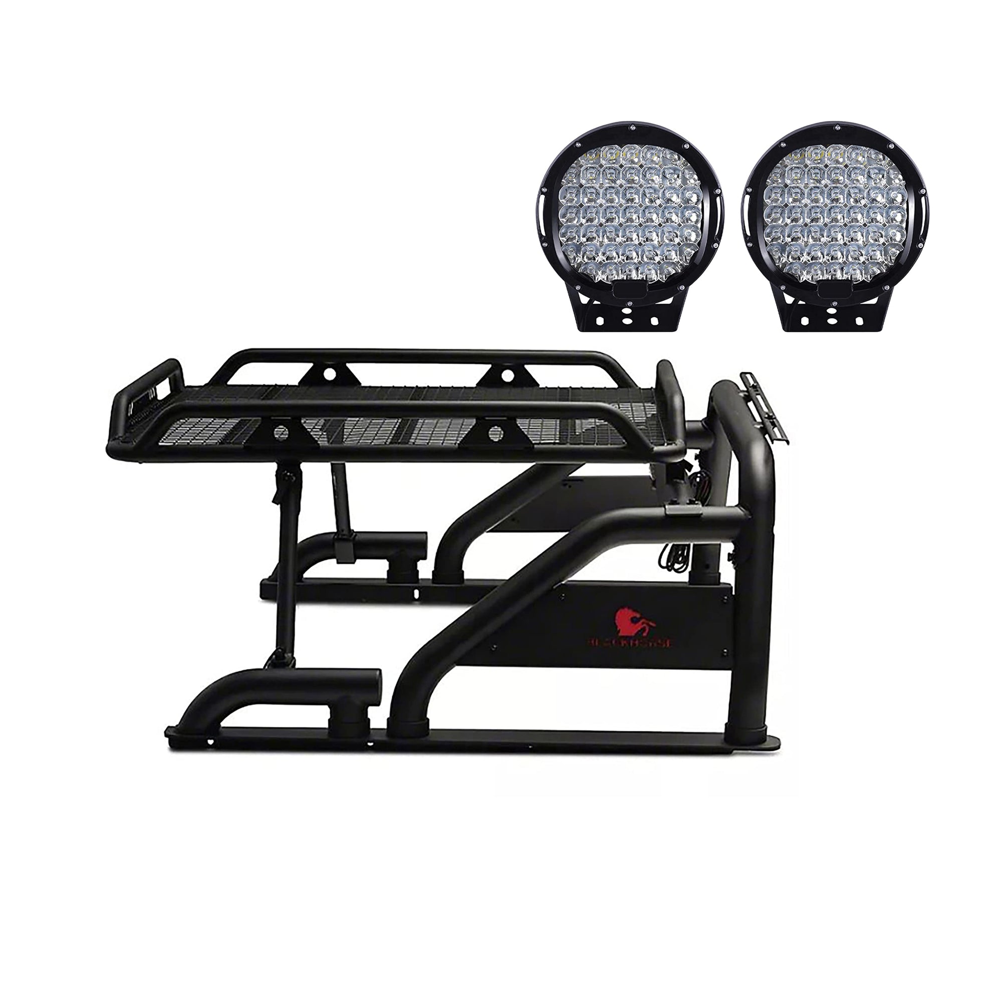 Modular Black Universal ROLL BAR for 1/2 TON Trucks (GM Silverado 14+/Ford F150 15+/Dodge RAM 15+) with Full Size Cargo Basket(with RED Brake Light)