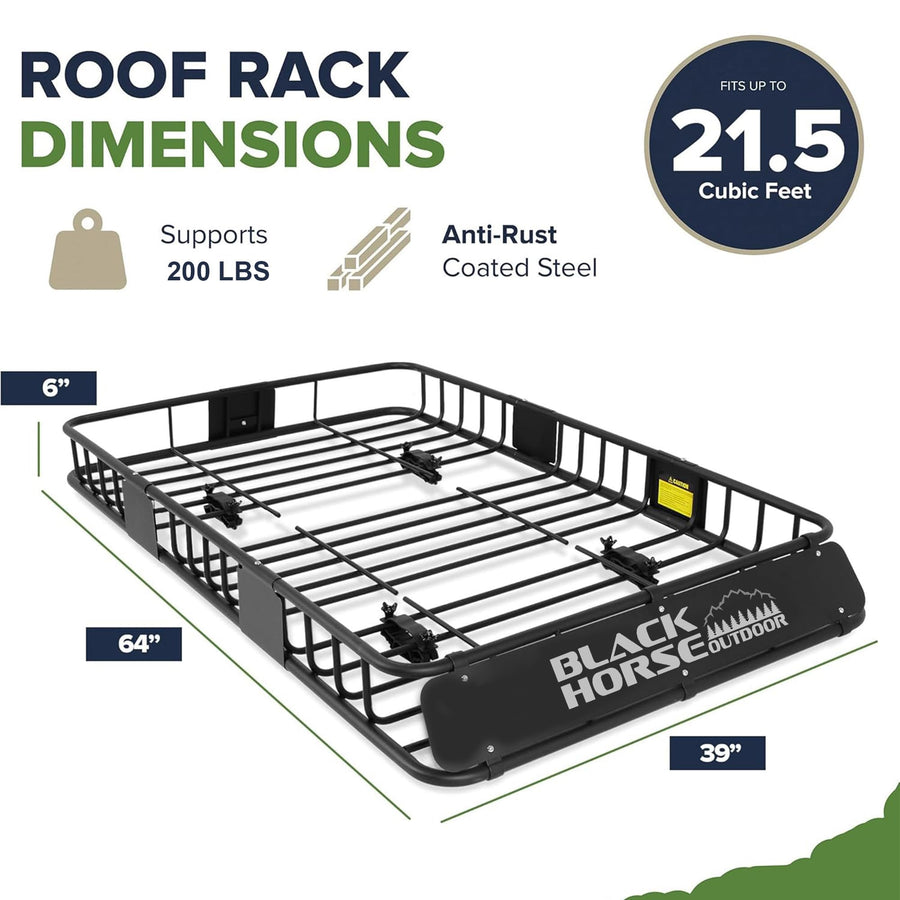 64"x39"x6" Black Horse Traveler Roof Rack Cargo Carrier Basket, Heavy Duty Weather Resistant Luggage & Camping Gear Storage for Car, Truck or SUV Transport, 200 lbs Capacity - BHODBA6439