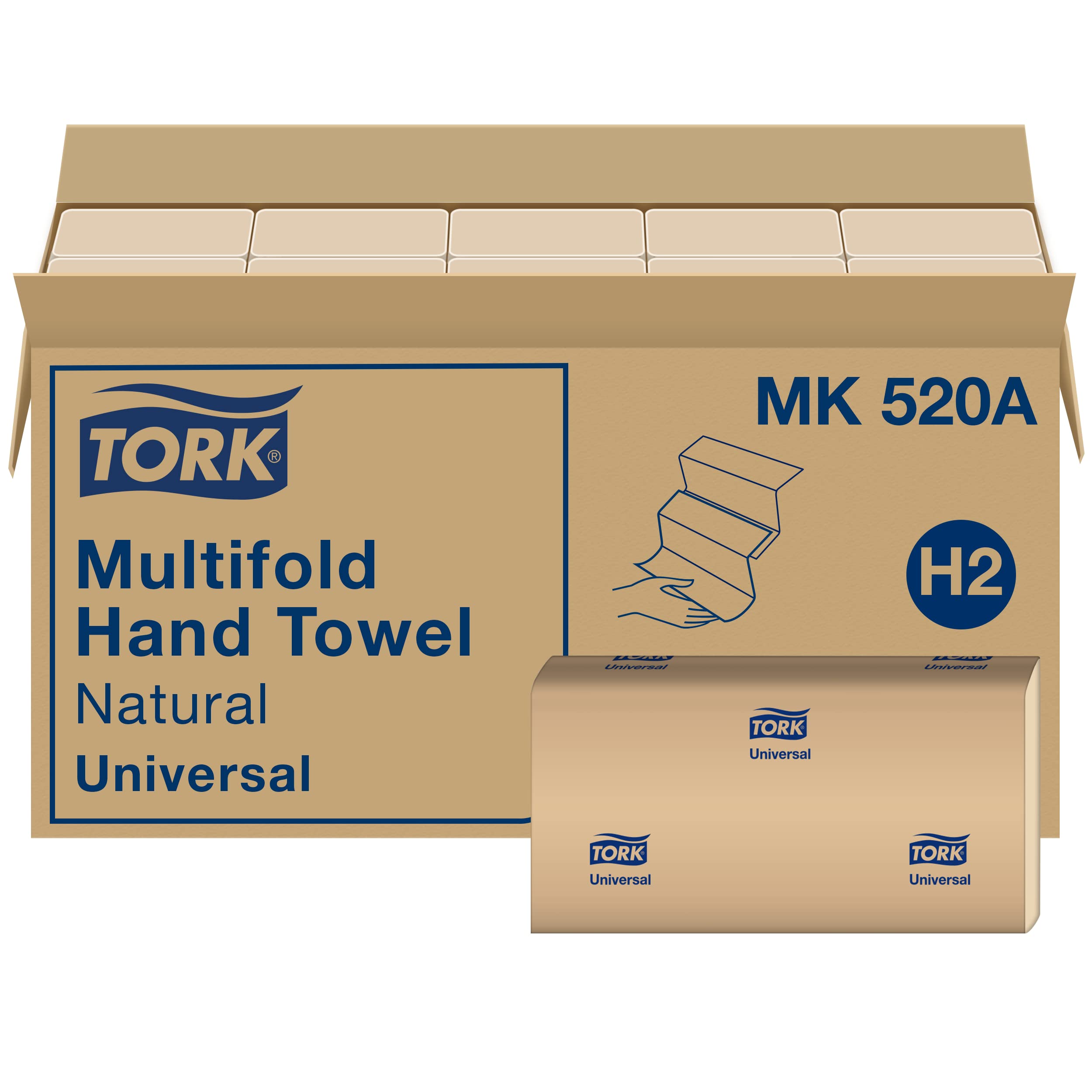 Tork Hand Towel Multifold, Natural, 100% recycled, FSC certified, Compatible with H2 Dispensers, 16 packs x 250 sheets (MK520A)