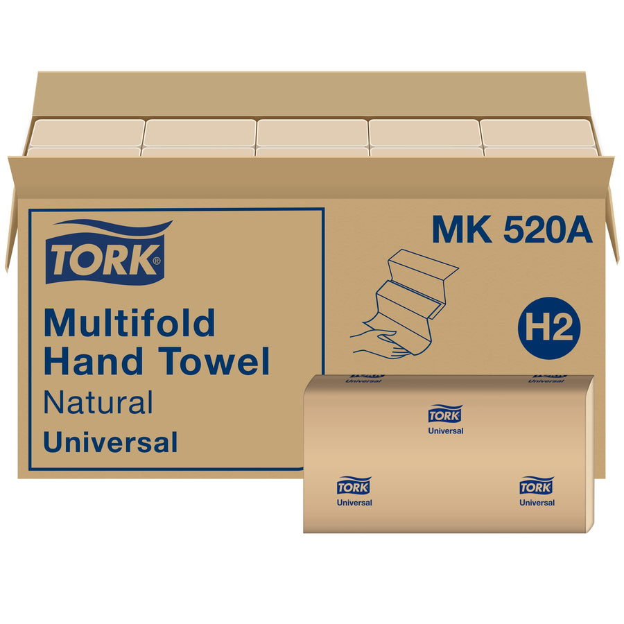 Tork Hand Towel Multifold, Natural, 100% recycled, FSC certified, Compatible with H2 Dispensers, 16 packs x 250 sheets (MK520A)