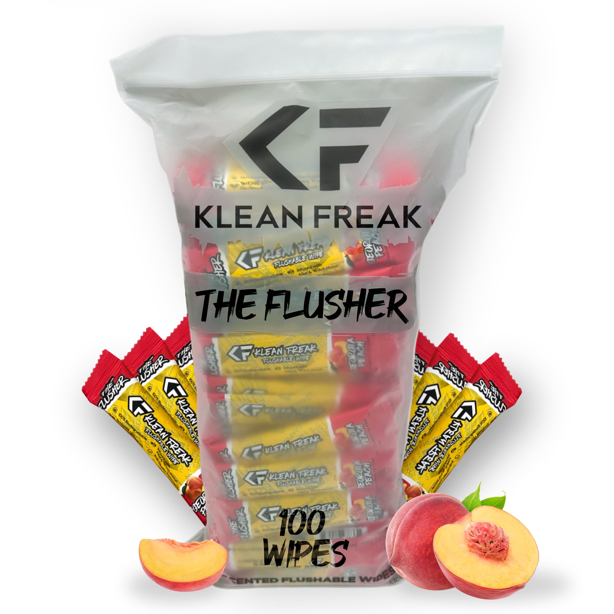 The Klean Freak Flusher - 100 Pack Flushable Wipes for Kids & Adults, Unscented/Scented, 100% Biodegradable, Individual Wrapped Travel Wet Wipe for Toilet - Georgia Peach